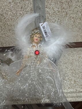 White Feather Angel Tree Ornament with Red Gem Accent July birthstone